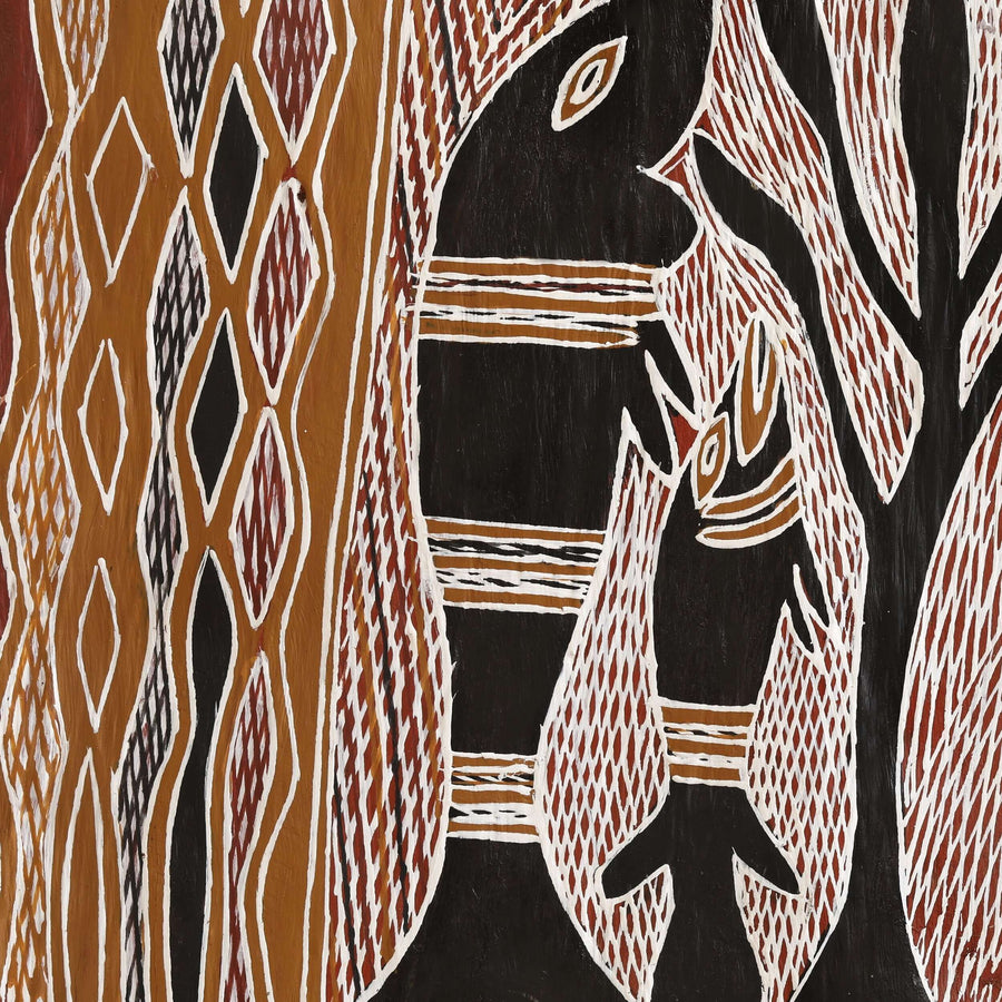 Aboriginal Artwork by Binamburrŋu Wirrpanda, Djunuŋgayaŋu, 175x51cm Bark