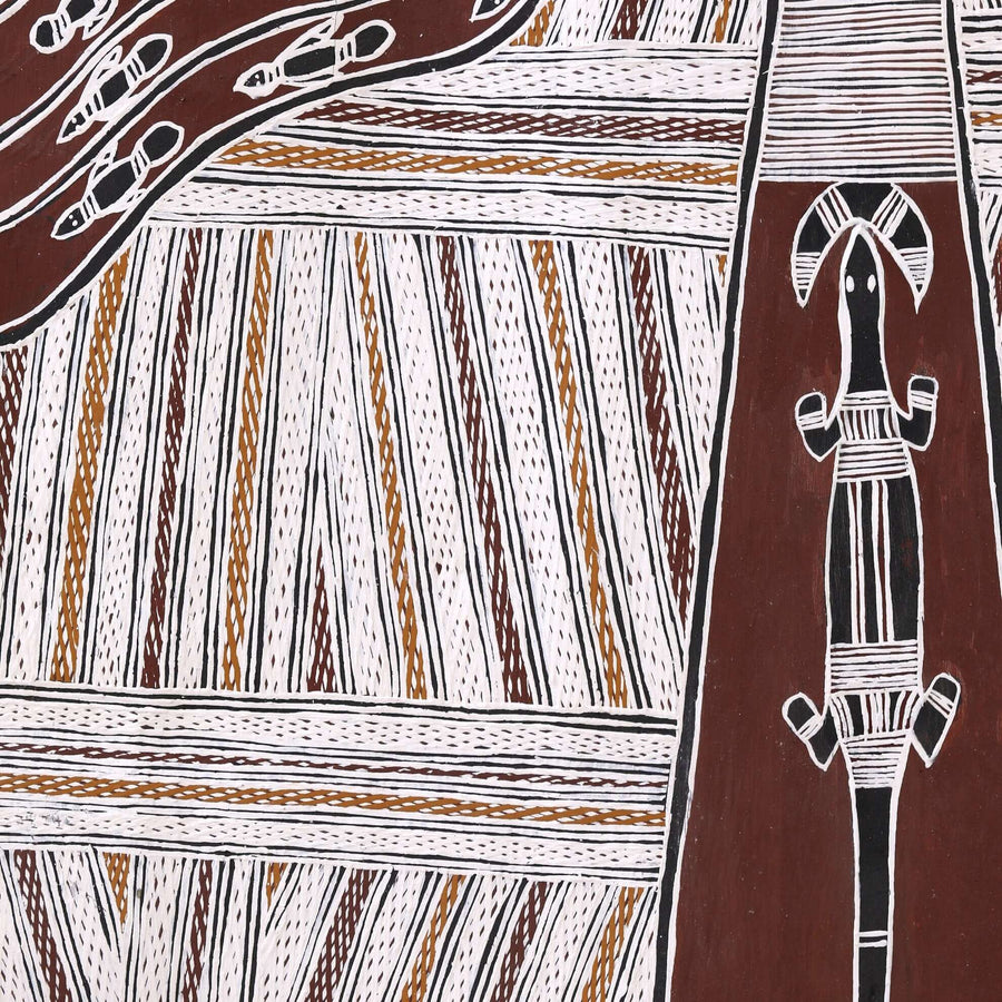 Aboriginal Artwork by Burrŋanydji #2 Gaykamaŋu, Wuyal, 134x58cm Bark