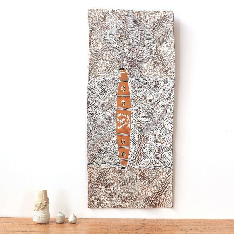 Aboriginal Artwork by Buwatpuy Gumana Michael, Yingapungapu, 125x54cm Bark