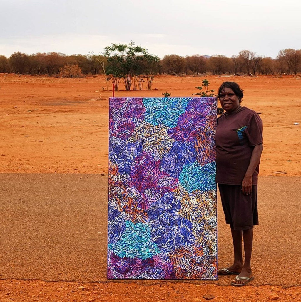 Aboriginal Artwork by Daphne Napurrula Marks, Yalka at Karrkurutinytja (Bush onion Dreaming at Lake Macdonald), 153x92cm