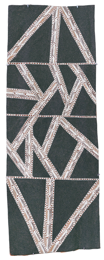 Aboriginal Artwork by Dhambit #2 Wanambi, Guḏultja with sand from Yalanba, 111x41cm Bark