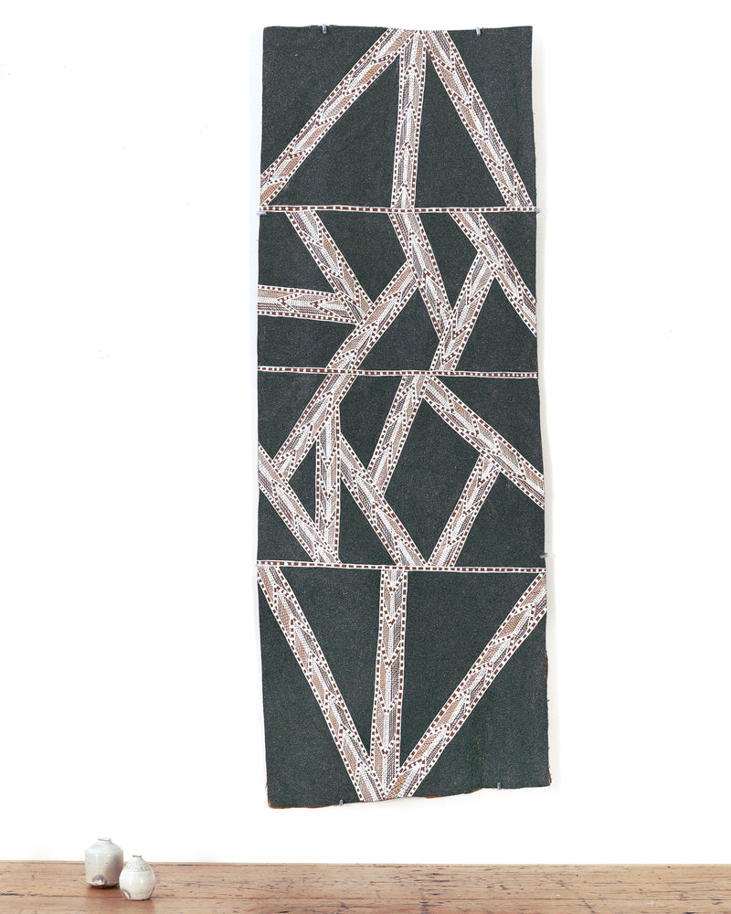 Aboriginal Artwork by Dhambit #2 Wanambi, Guḏultja with sand from Yalanba, 111x41cm Bark