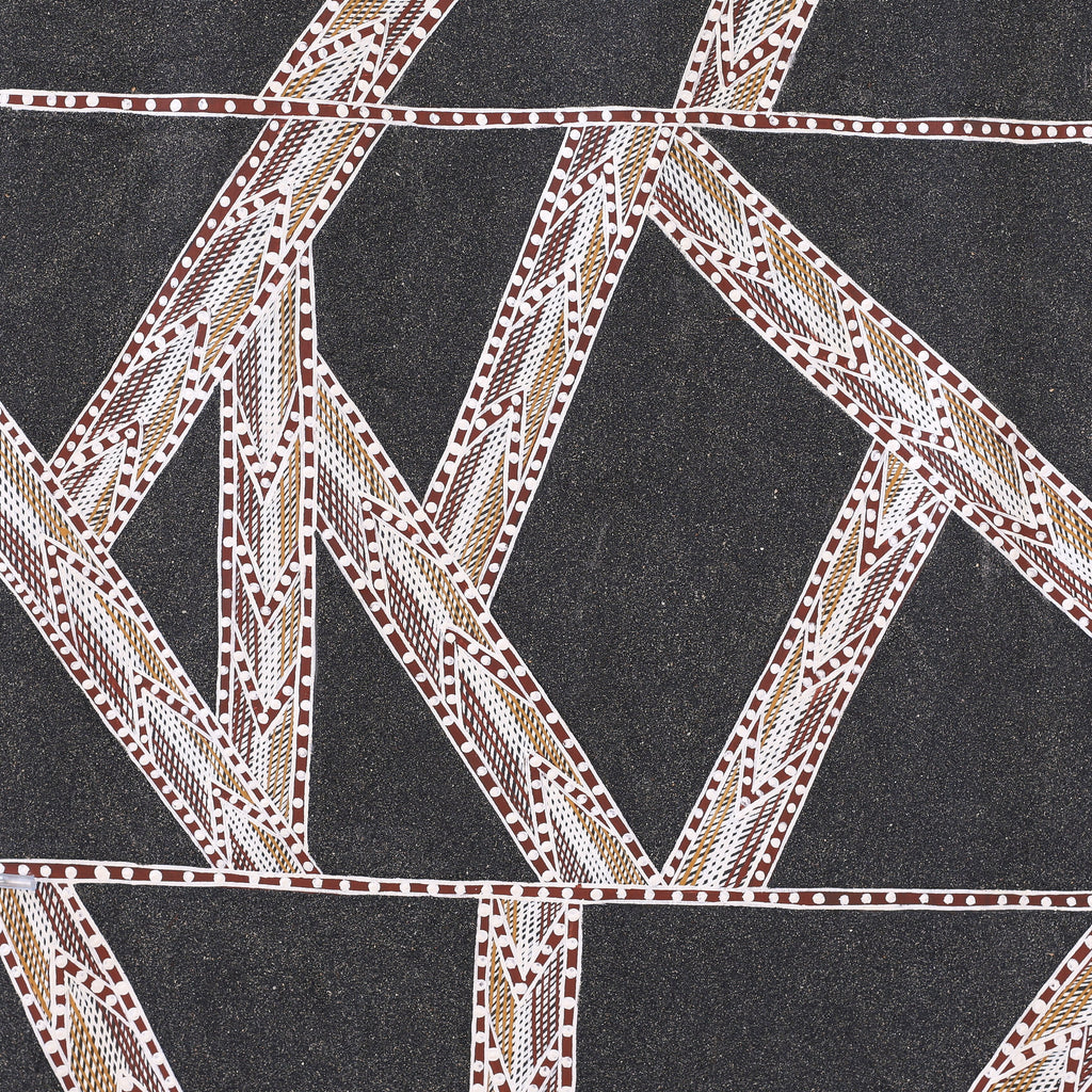 Aboriginal Artwork by Dhambit #2 Wanambi, Guḏultja with sand from Yalanba, 111x41cm Bark