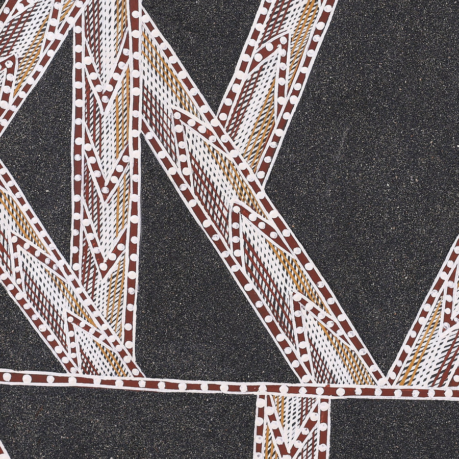 Aboriginal Artwork by Dhambit #2 Wanambi, Guḏultja with sand from Yalanba, 111x41cm Bark