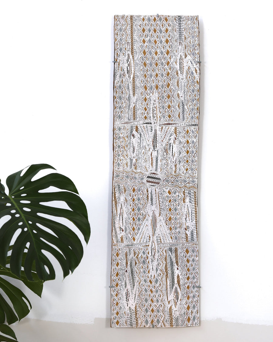Aboriginal Artwork by Djirrirra Wunuŋmurra Yukuwa, Buyku, 122x33cm Bark
