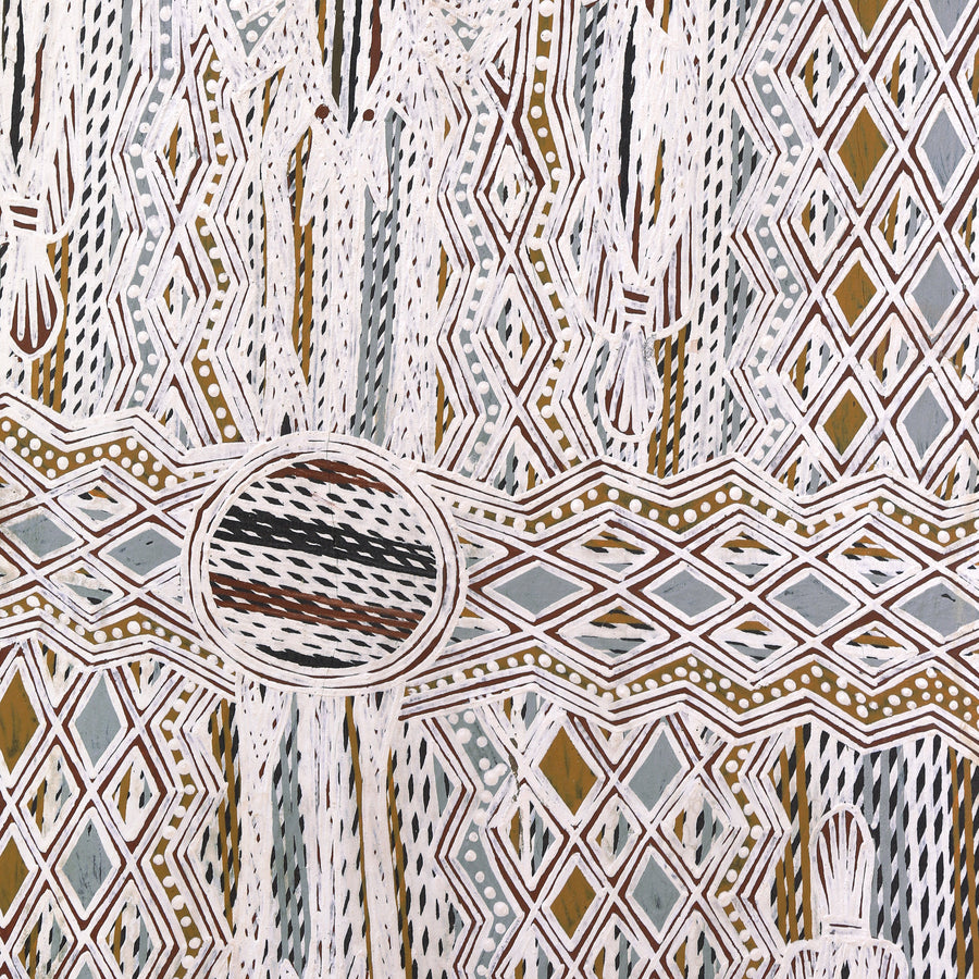Aboriginal Artwork by Djirrirra Wunuŋmurra Yukuwa, Buyku, 122x33cm Bark
