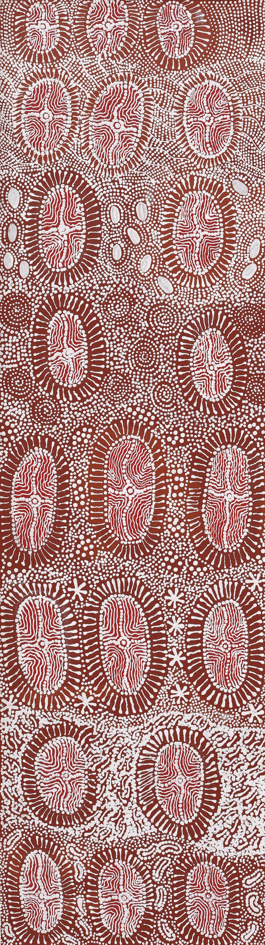 Aboriginal Artwork by Dulcie Nangala Frank, Ngarlkirdi Jukurrpa (Witchetty Grub Dreaming), 107x30cm