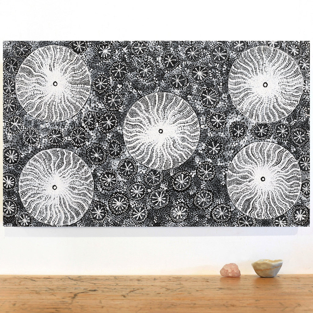 Aboriginal Artwork by Dulcie Nangala Frank, Ngarlkirdi Jukurrpa (Witchetty Grub Dreaming), 76x46cm