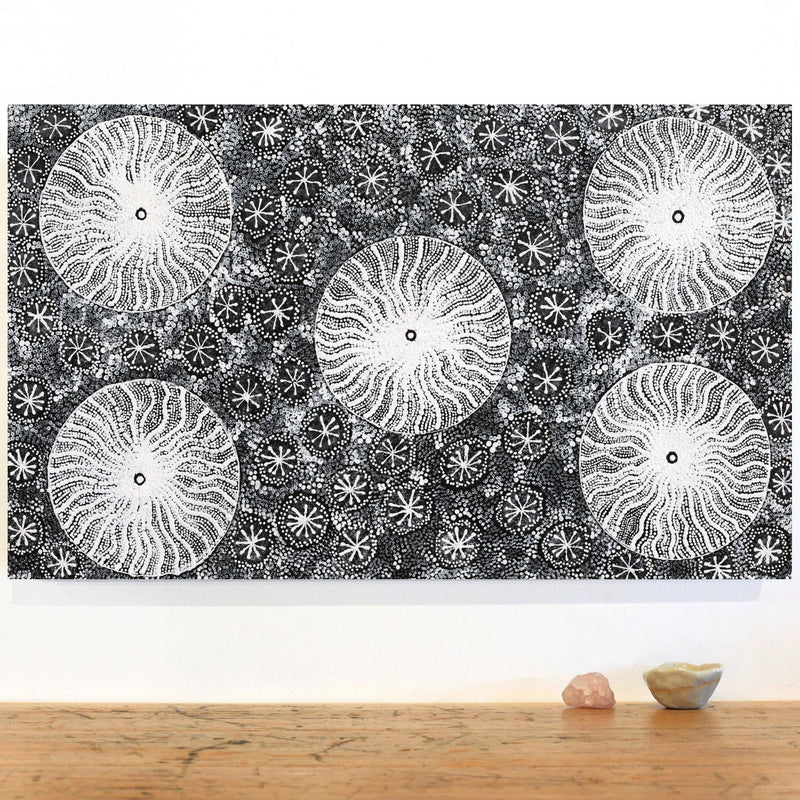 Aboriginal Artwork by Dulcie Nangala Frank, Ngarlkirdi Jukurrpa (Witchetty Grub Dreaming), 76x46cm