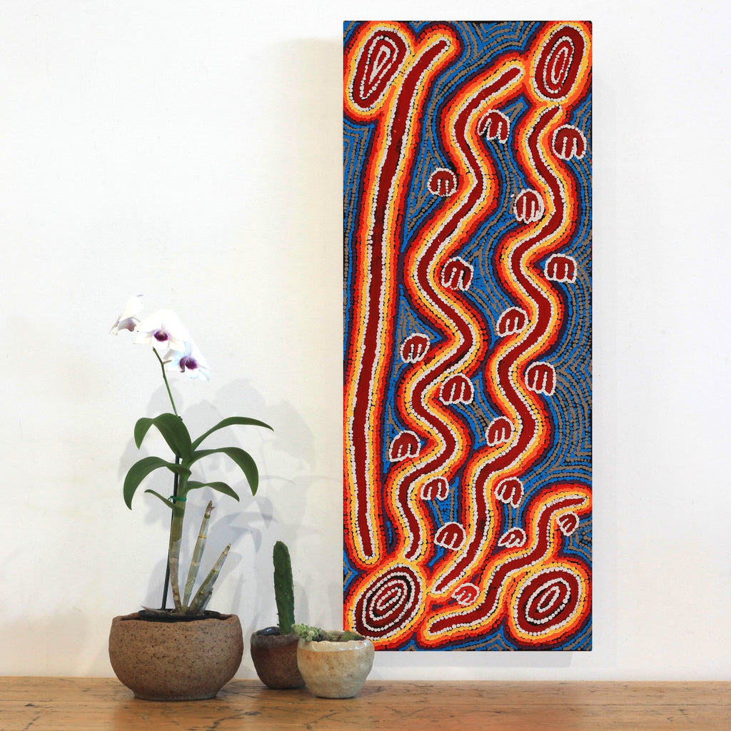 Aboriginal Artwork by Erica Napurrurla Ross,  Janganpa Jukurrpa (Brush-tail Possum Dreaming)-  Mawurrji, 76x30cm - ART ARK®