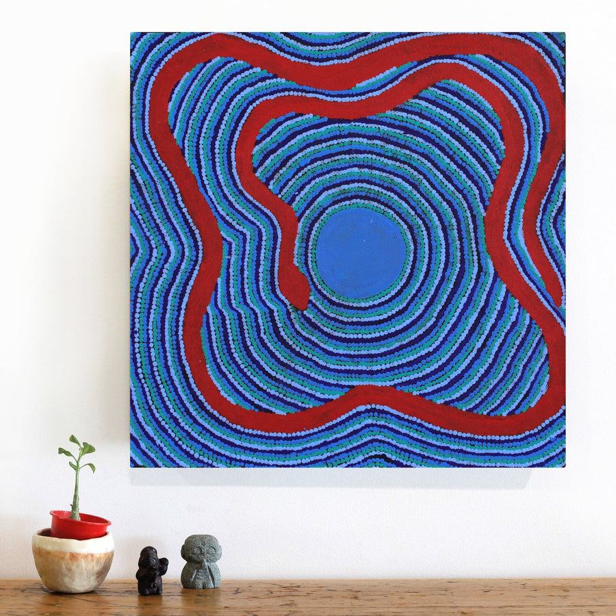 Aboriginal Artwork by Ezekiel Jakamarra James, Warna Jukurrpa (Snake Dreaming), 46x46cm