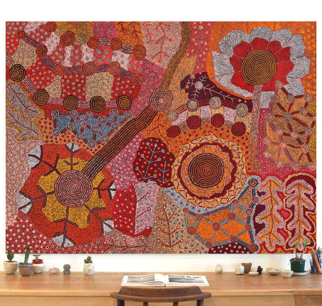 Aboriginal Art by Faye Nangala Hudson, Warlukurlangu Jukurrpa (Fire country Dreaming), 203x152cm - ART ARK®