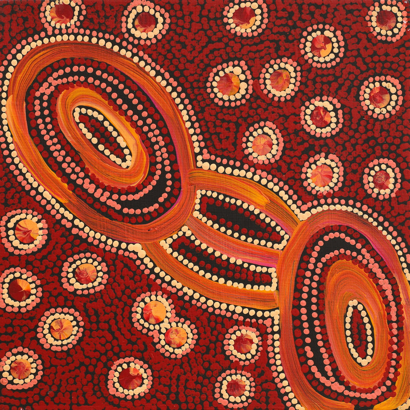 Aboriginal Artwork by Faye Nangala Hudson, Warlukurlangu Jukurrpa (Fire country Dreaming), 30x30cm