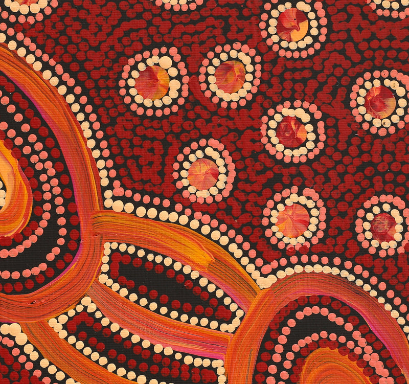 Aboriginal Artwork by Faye Nangala Hudson, Warlukurlangu Jukurrpa (Fire country Dreaming), 30x30cm