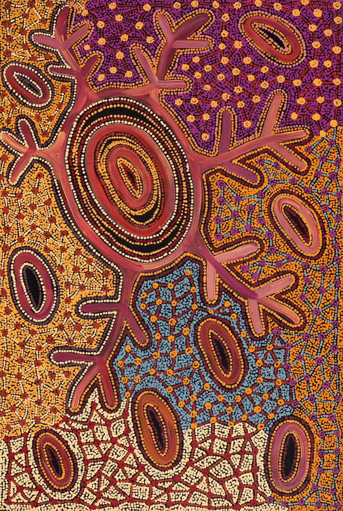 Aboriginal Artwork by Faye Nangala Hudson, Warlukurlangu Jukurrpa (Fire country Dreaming), 91x61cm