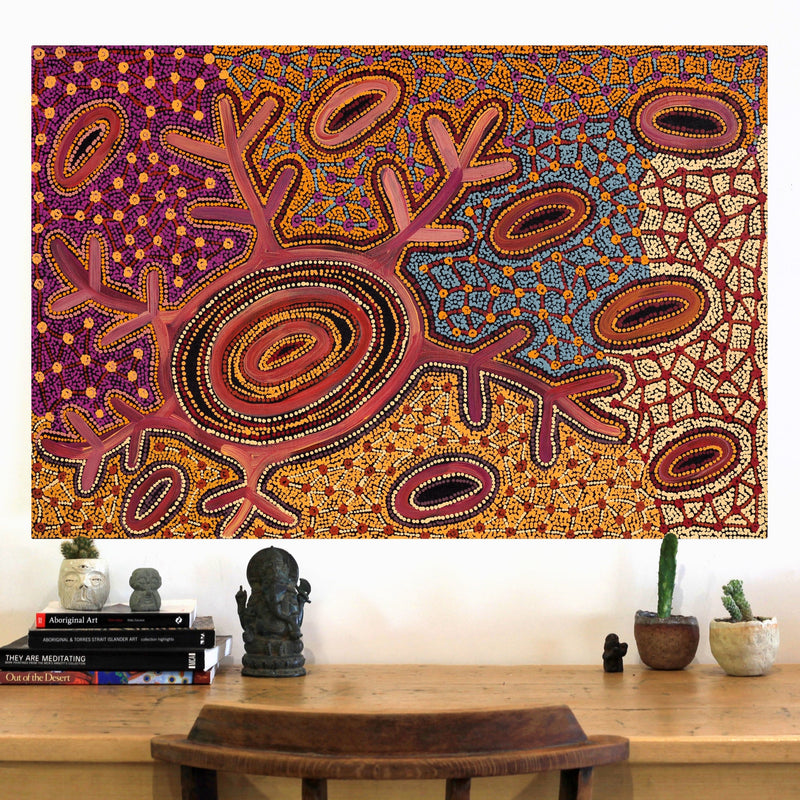 Aboriginal Artwork by Faye Nangala Hudson, Warlukurlangu Jukurrpa (Fire country Dreaming), 91x61cm