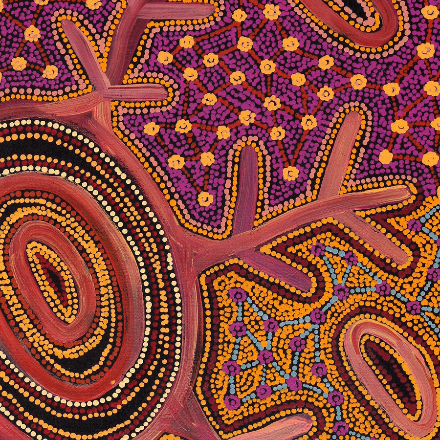 Aboriginal Artwork by Faye Nangala Hudson, Warlukurlangu Jukurrpa (Fire country Dreaming), 91x61cm