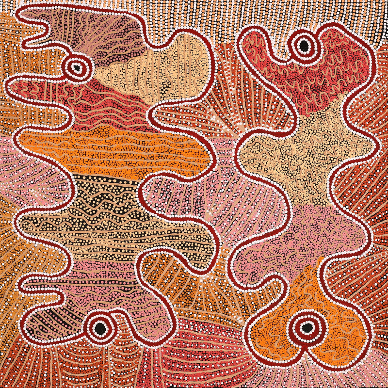 Aboriginal Artwork by Felicity Nampijinpa Robertson, Ngapa Jukurrpa (Water Dreaming) - Puyurru, 91x91cm