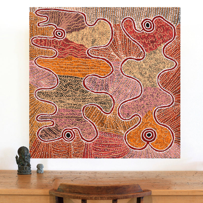 Aboriginal Artwork by Felicity Nampijinpa Robertson, Ngapa Jukurrpa (Water Dreaming) - Puyurru, 91x91cm