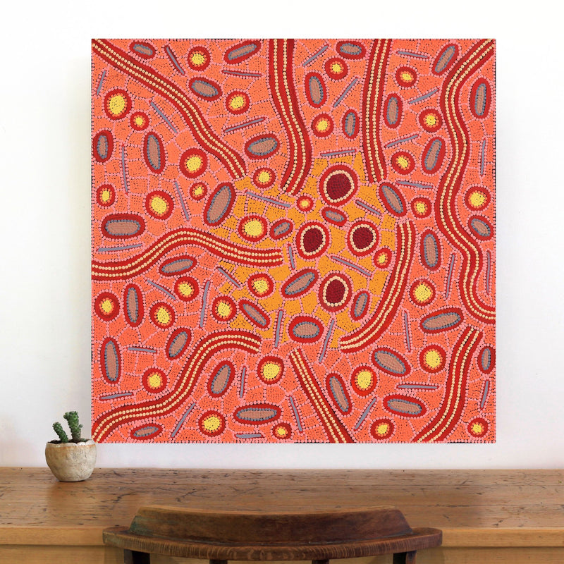 Aboriginal Artwork by Freda Napaljarri Jurrah, Ngalyipi Jukurrpa (Snake Vine Dreaming) - Yanjirlpiri, 76x76cm