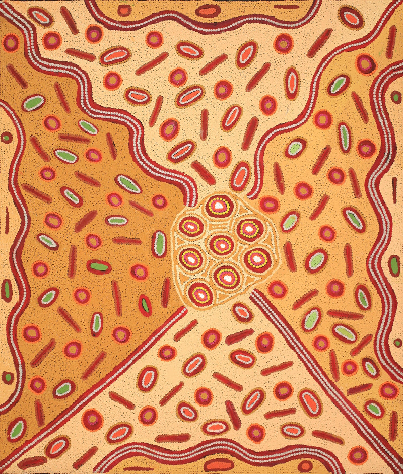 Aboriginal Artwork by Freda Napaljarri Jurrah, Witi Jukurrpa (Ceremonial Pole Dreaming) - Yanjirlpiri, 107x91cm