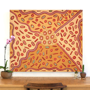 Aboriginal Artwork by Freda Napaljarri Jurrah, Witi Jukurrpa (Ceremonial Pole Dreaming) - Yanjirlpiri, 107x91cm - ART ARK®