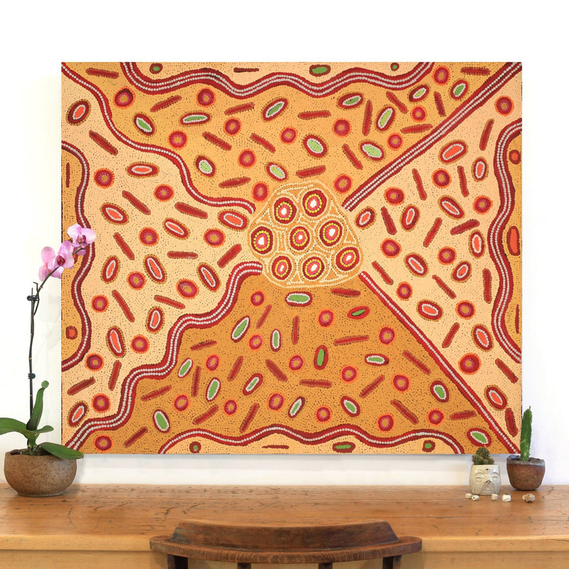 Aboriginal Artwork by Freda Napaljarri Jurrah, Witi Jukurrpa (Ceremonial Pole Dreaming) - Yanjirlpiri, 107x91cm