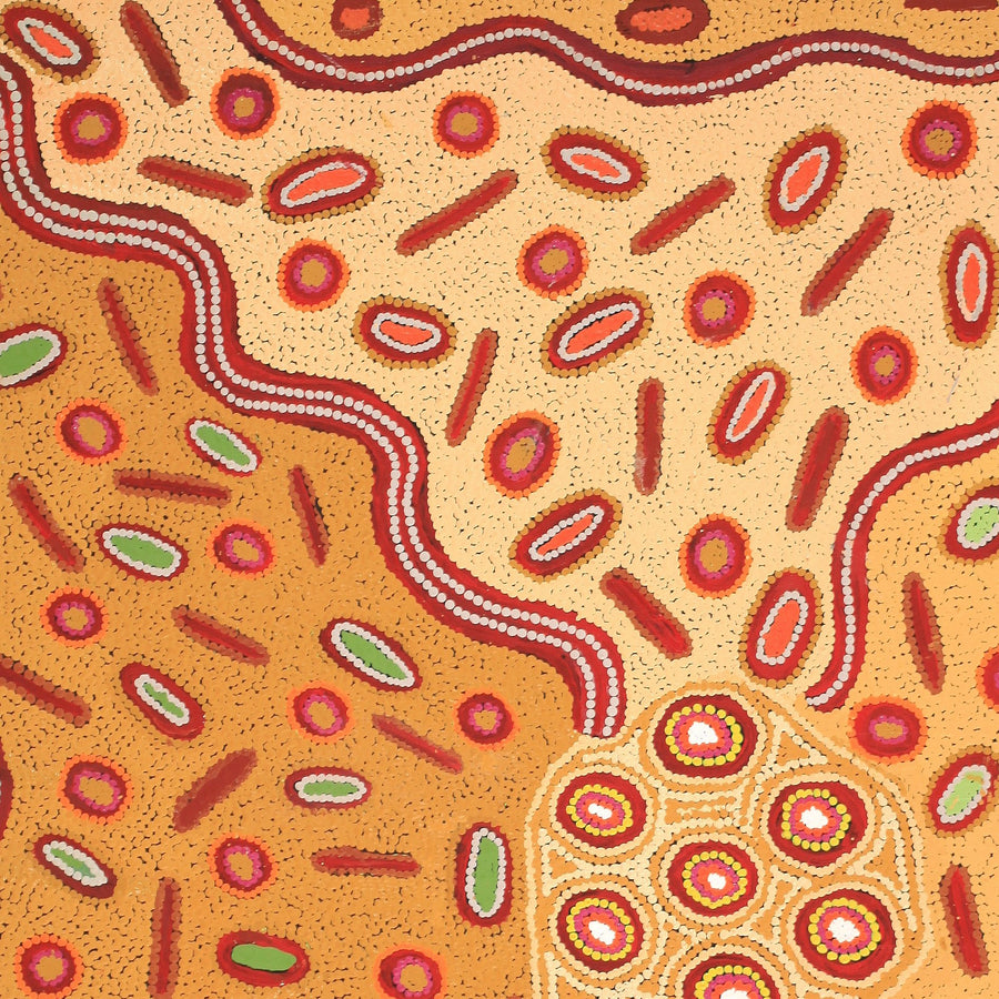 Aboriginal Artwork by Freda Napaljarri Jurrah, Witi Jukurrpa (Ceremonial Pole Dreaming) - Yanjirlpiri, 107x91cm
