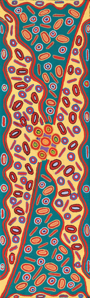 Aboriginal Artwork by Freda Napaljarri Jurrah, Witi Jukurrpa (Ceremonial Pole Dreaming) - Yanjirlpiri, 152x46cm