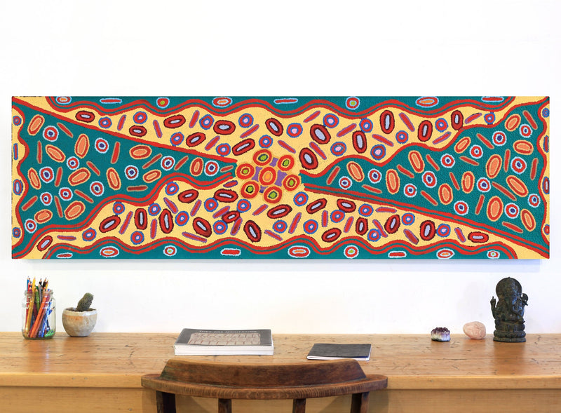 Aboriginal Artwork by Freda Napaljarri Jurrah, Witi Jukurrpa (Ceremonial Pole Dreaming) - Yanjirlpiri, 152x46cm