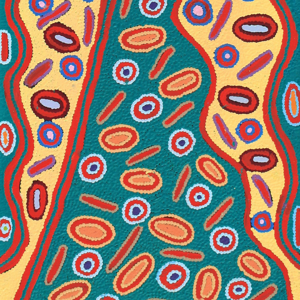 Aboriginal Artwork by Freda Napaljarri Jurrah, Witi Jukurrpa (Ceremonial Pole Dreaming) - Yanjirlpiri, 152x46cm