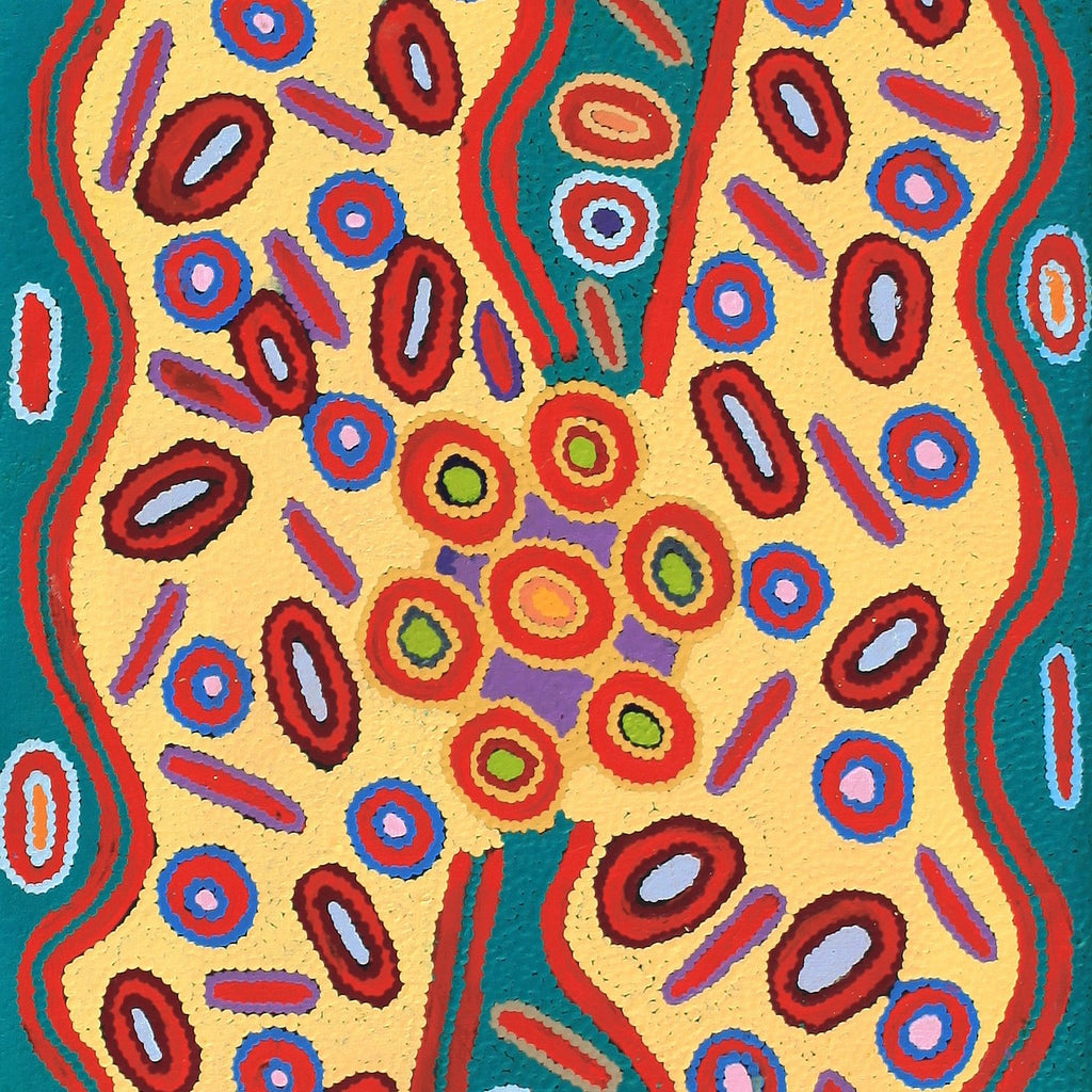 Aboriginal Artwork by Freda Napaljarri Jurrah, Witi Jukurrpa (Ceremonial Pole Dreaming) - Yanjirlpiri, 152x46cm