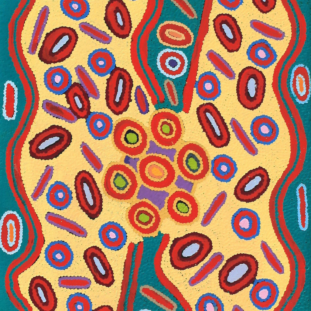 Aboriginal Art by Freda Napaljarri Jurrah, Witi Jukurrpa (Ceremonial Pole Dreaming) - Yanjirlpiri, 152x46cm - ART ARK®
