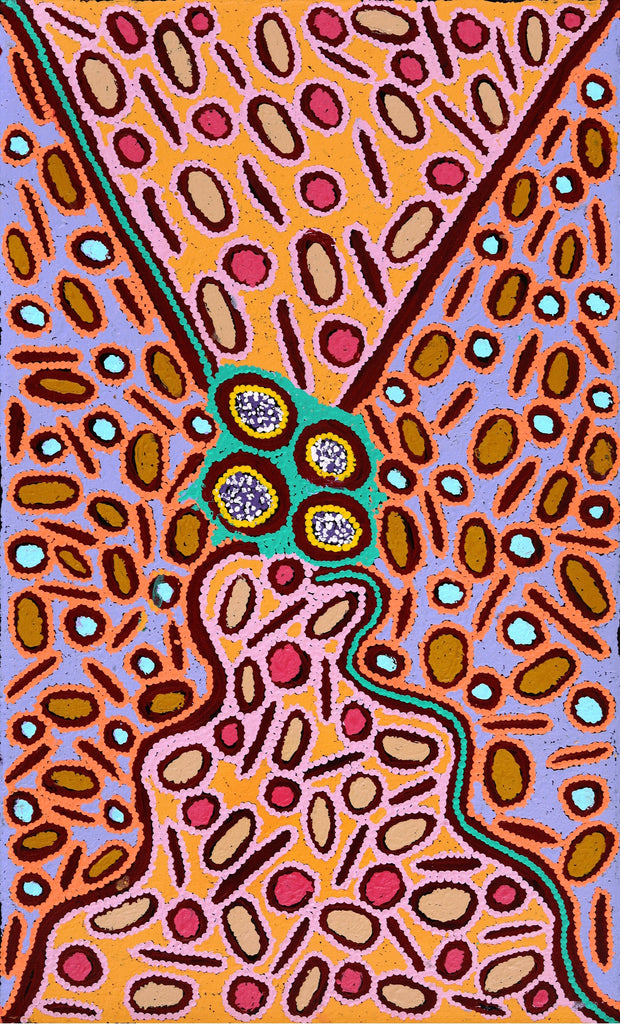 Aboriginal Artwork by Freda Napaljarri Jurrah, Witi Jukurrpa (Ceremonial Pole Dreaming) - Yanjirlpiri, 76x46cm