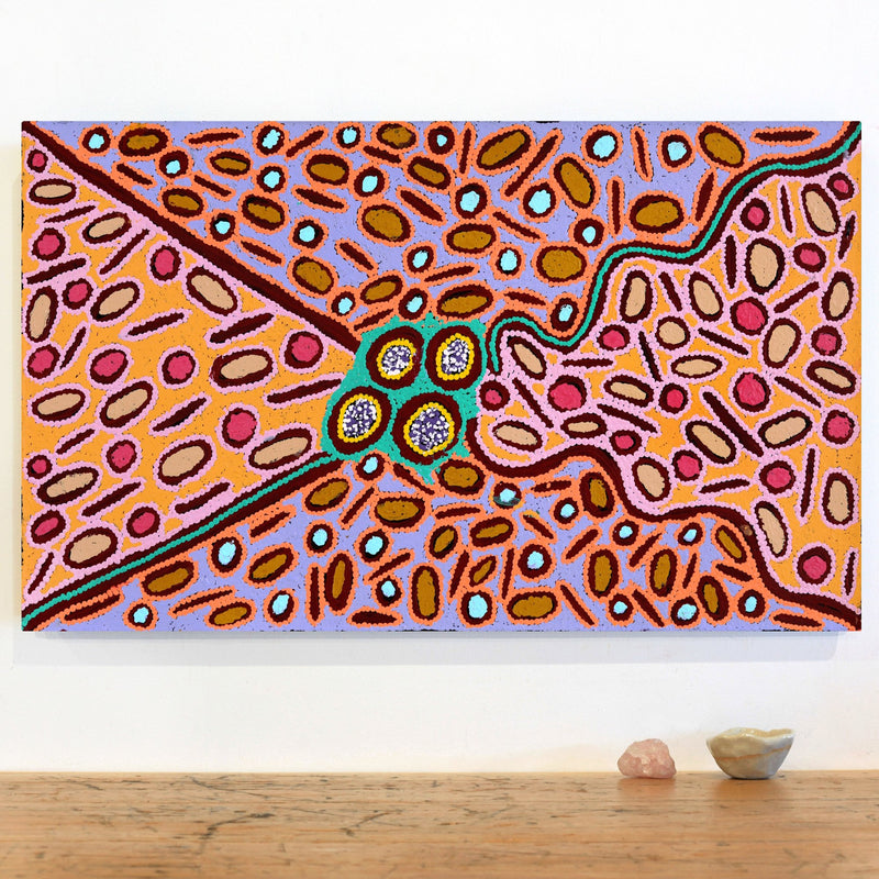 Aboriginal Artwork by Freda Napaljarri Jurrah, Witi Jukurrpa (Ceremonial Pole Dreaming) - Yanjirlpiri, 76x46cm