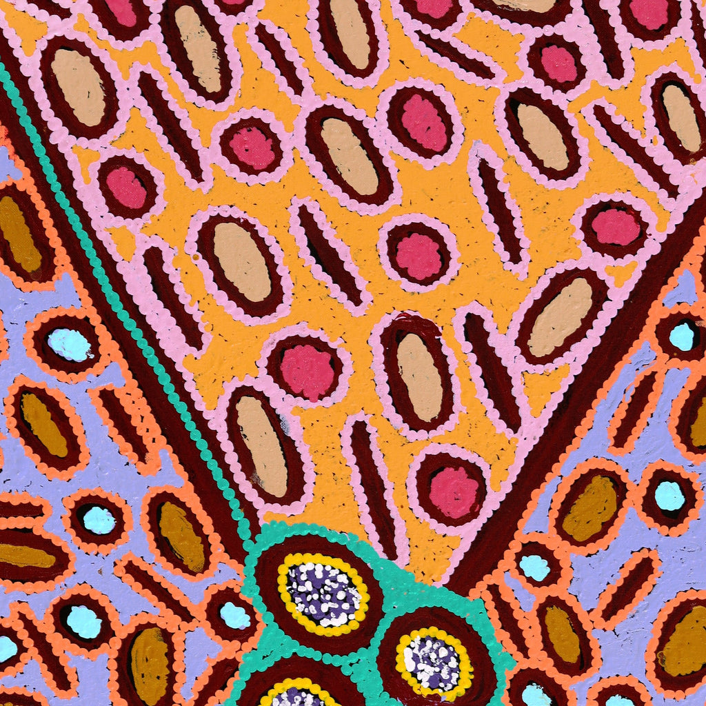 Aboriginal Artwork by Freda Napaljarri Jurrah, Witi Jukurrpa (Ceremonial Pole Dreaming) - Yanjirlpiri, 76x46cm