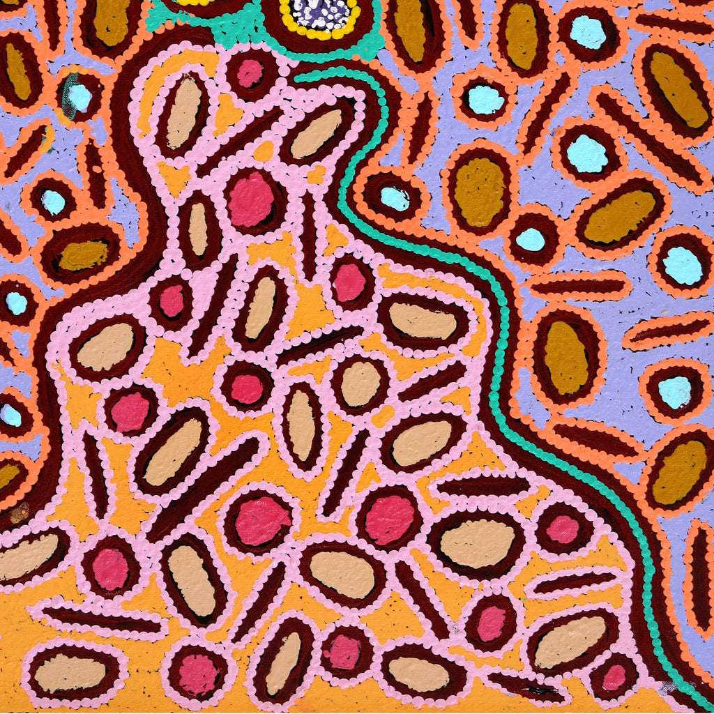 Aboriginal Artwork by Freda Napaljarri Jurrah, Witi Jukurrpa (Ceremonial Pole Dreaming) - Yanjirlpiri, 76x46cm