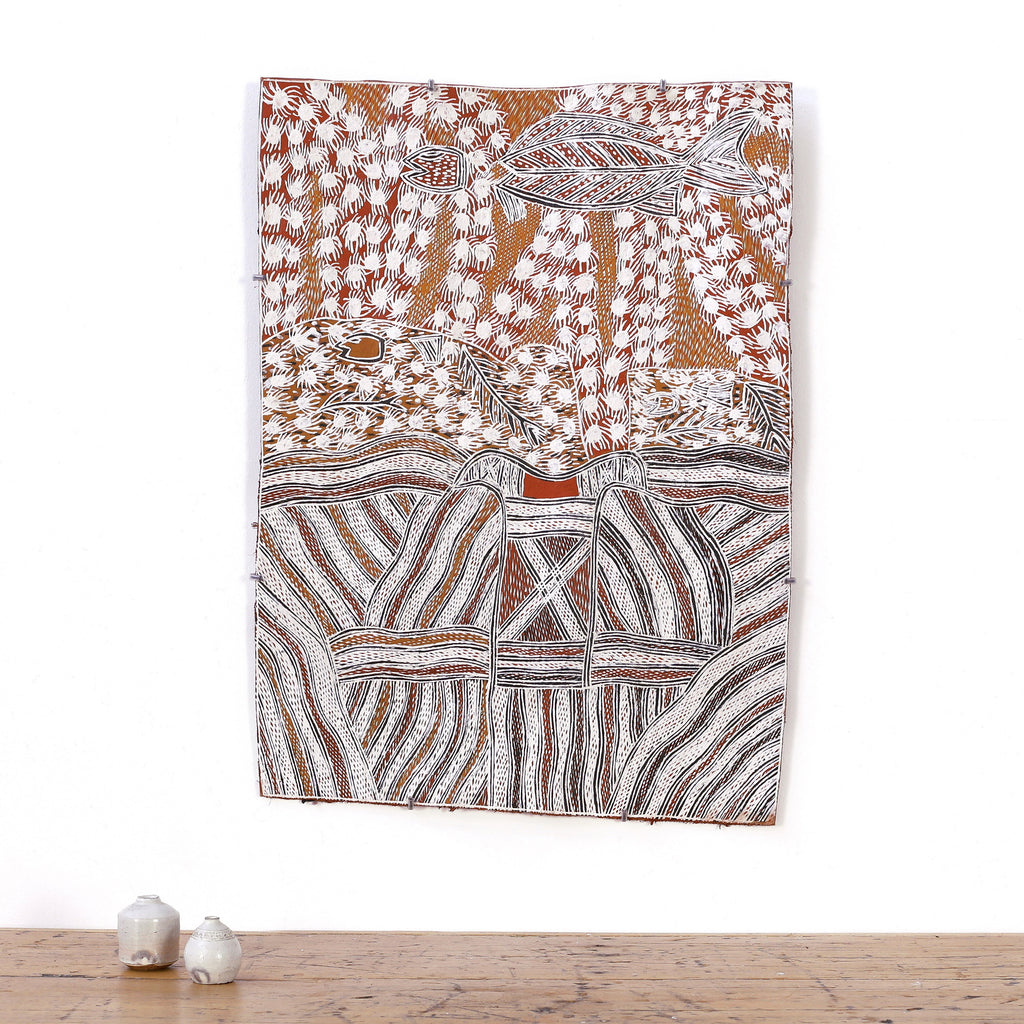 Aboriginal Artwork by Galuma Maymuru, Gunyan, 70x51cm Bark - ART ARK®