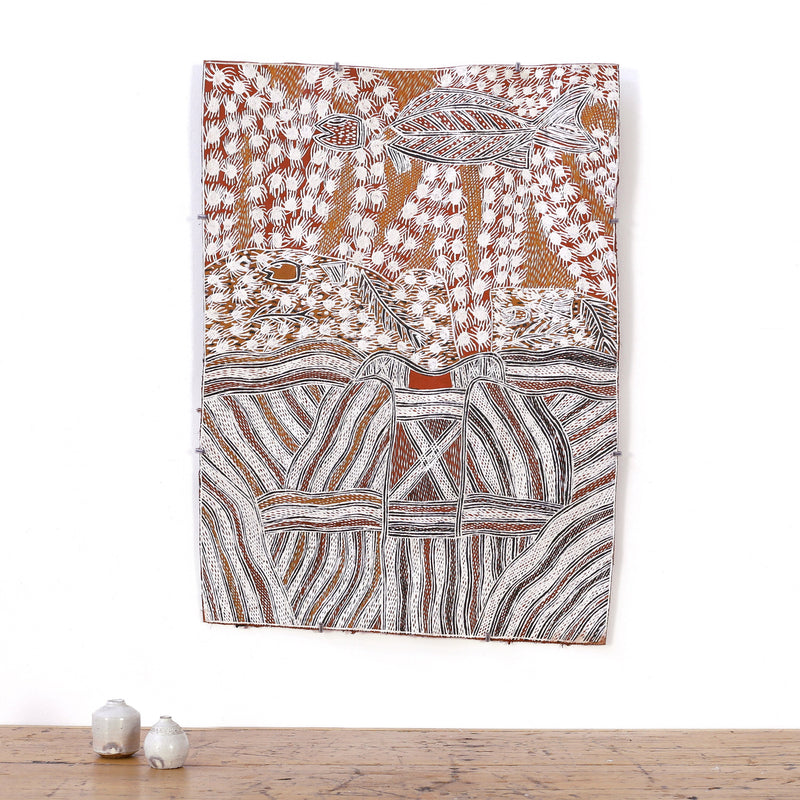 Aboriginal Artwork by Galuma Maymuru, Gunyan, 70x51cm Bark