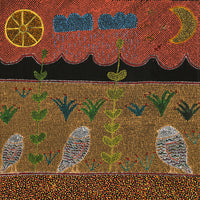 Aboriginal Artwork by Geraldine Napangardi Granites, Jurlpu kuja kalu nyinami Yurntumu-wana (Birds that live around Yuendumu), 76x76cm