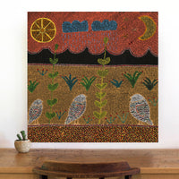 Aboriginal Artwork by Geraldine Napangardi Granites, Jurlpu kuja kalu nyinami Yurntumu-wana (Birds that live around Yuendumu), 76x76cm