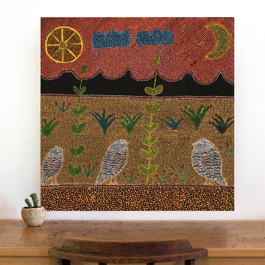 Aboriginal Artwork by Geraldine Napangardi Granites, Jurlpu kuja kalu nyinami Yurntumu-wana (Birds that live around Yuendumu), 76x76cm