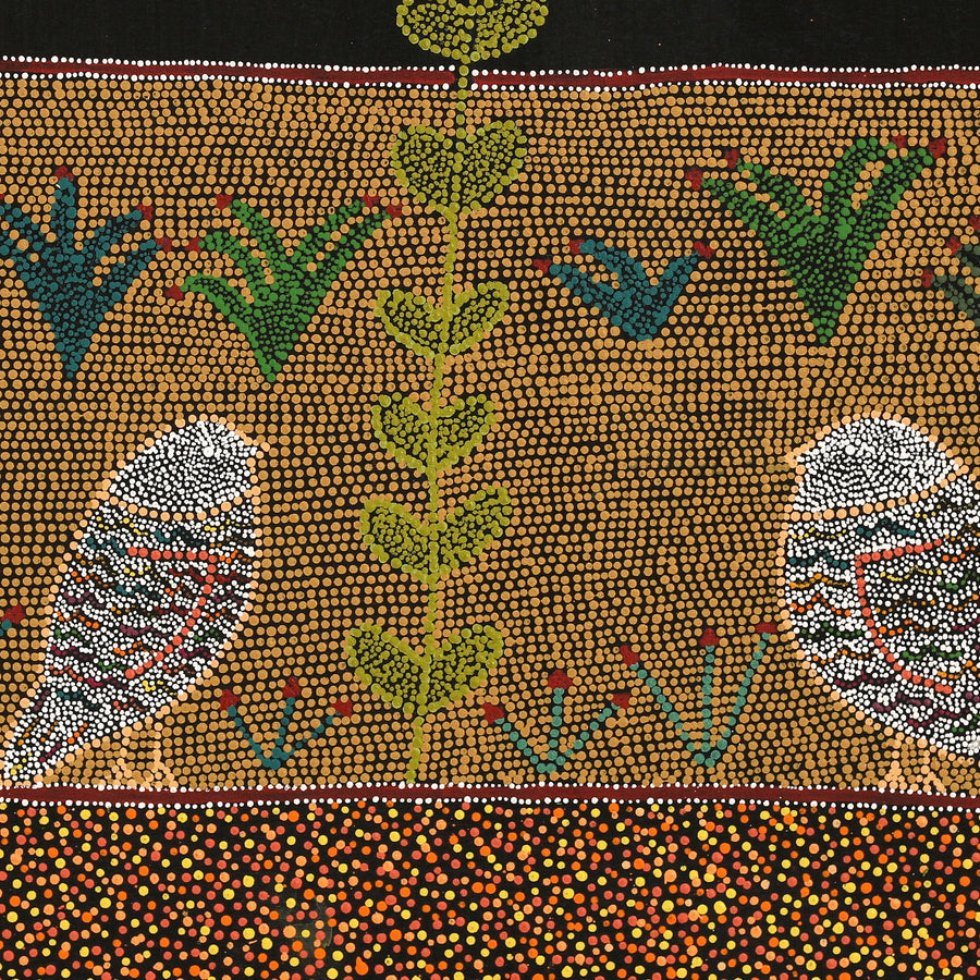 Aboriginal Artwork by Geraldine Napangardi Granites, Jurlpu kuja kalu nyinami Yurntumu-wana (Birds that live around Yuendumu), 76x76cm