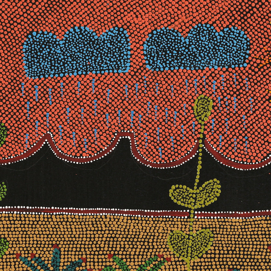 Aboriginal Artwork by Geraldine Napangardi Granites, Jurlpu kuja kalu nyinami Yurntumu-wana (Birds that live around Yuendumu), 76x76cm