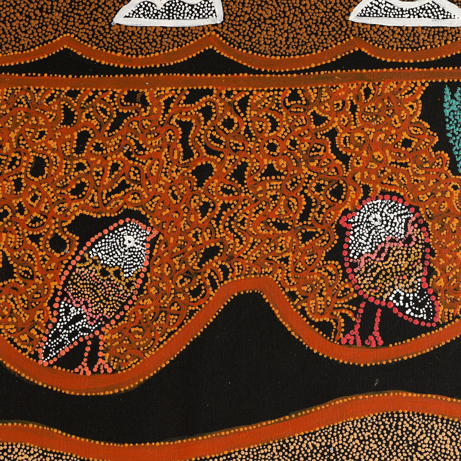 Aboriginal Artwork by Geraldine Napangardi Granites, Ngalyipi Jukurrpa (Snake Vine Dreaming) - Purturlu, 76x46cm