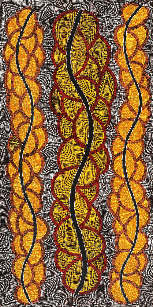 Aboriginal Artwork by Geraldine Napurrurla Langdon, Ngurlu Jukurrpa (Native Seed Dreaming), 122x61cm