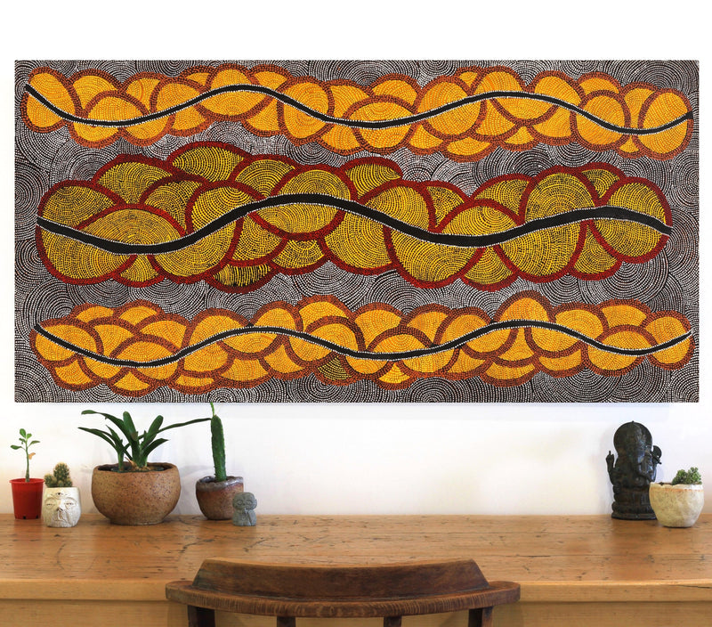 Aboriginal Artwork by Geraldine Napurrurla Langdon, Ngurlu Jukurrpa (Native Seed Dreaming), 122x61cm