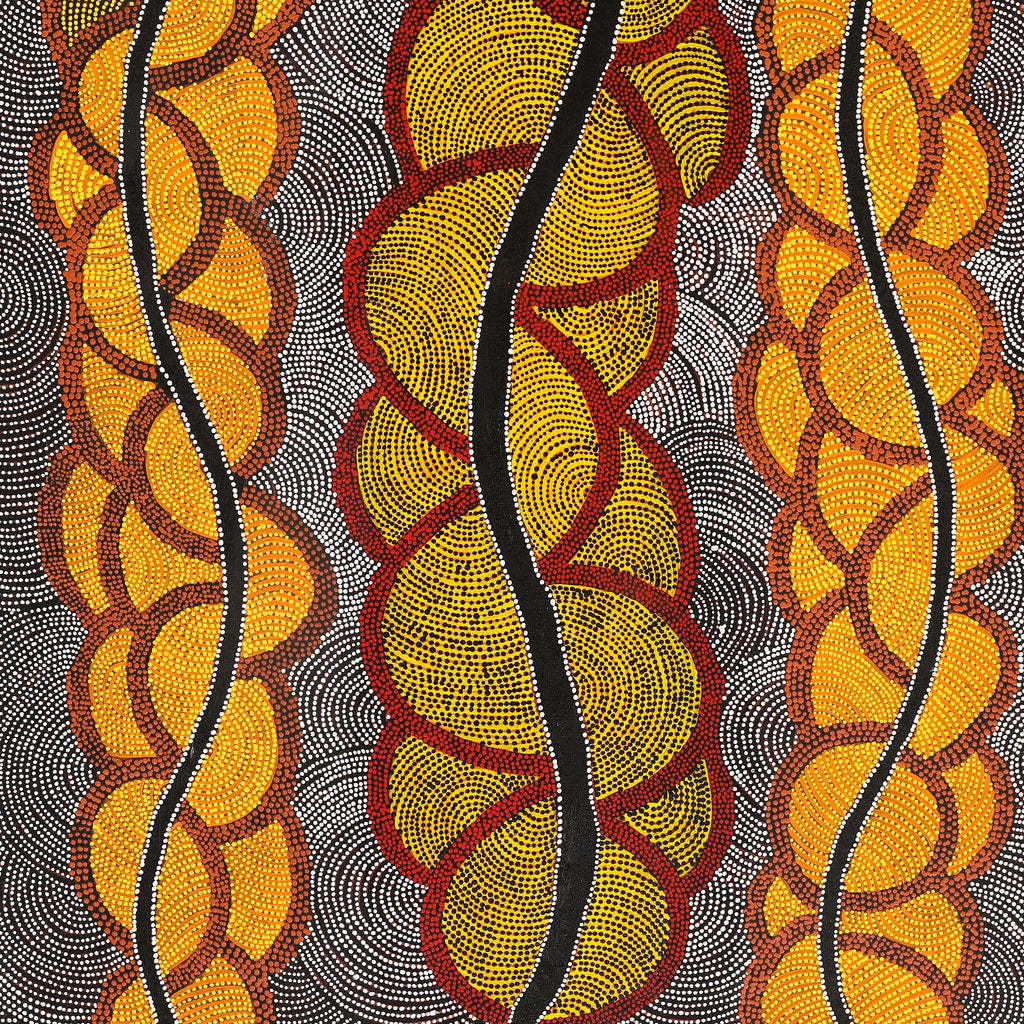 Aboriginal Artwork by Geraldine Napurrurla Langdon, Ngurlu Jukurrpa (Native Seed Dreaming), 122x61cm