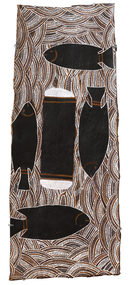 Aboriginal Artwork by Golwirr Marika, Rulyapa, 80x32cm Bark