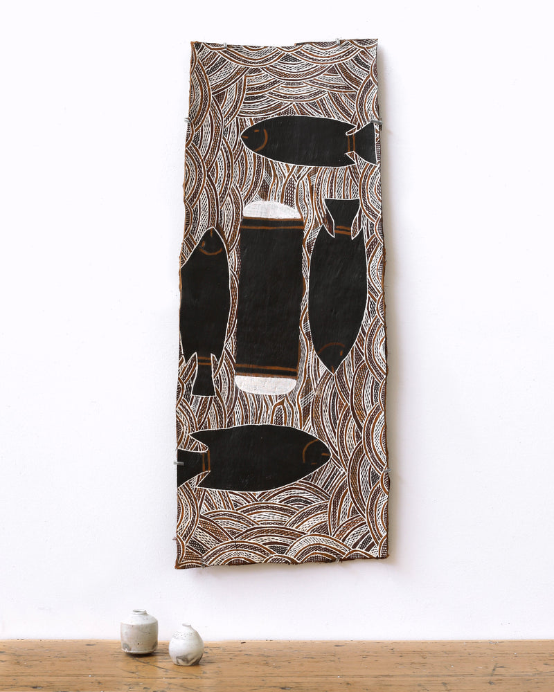 Aboriginal Artwork by Golwirr Marika, Rulyapa, 80x32cm Bark